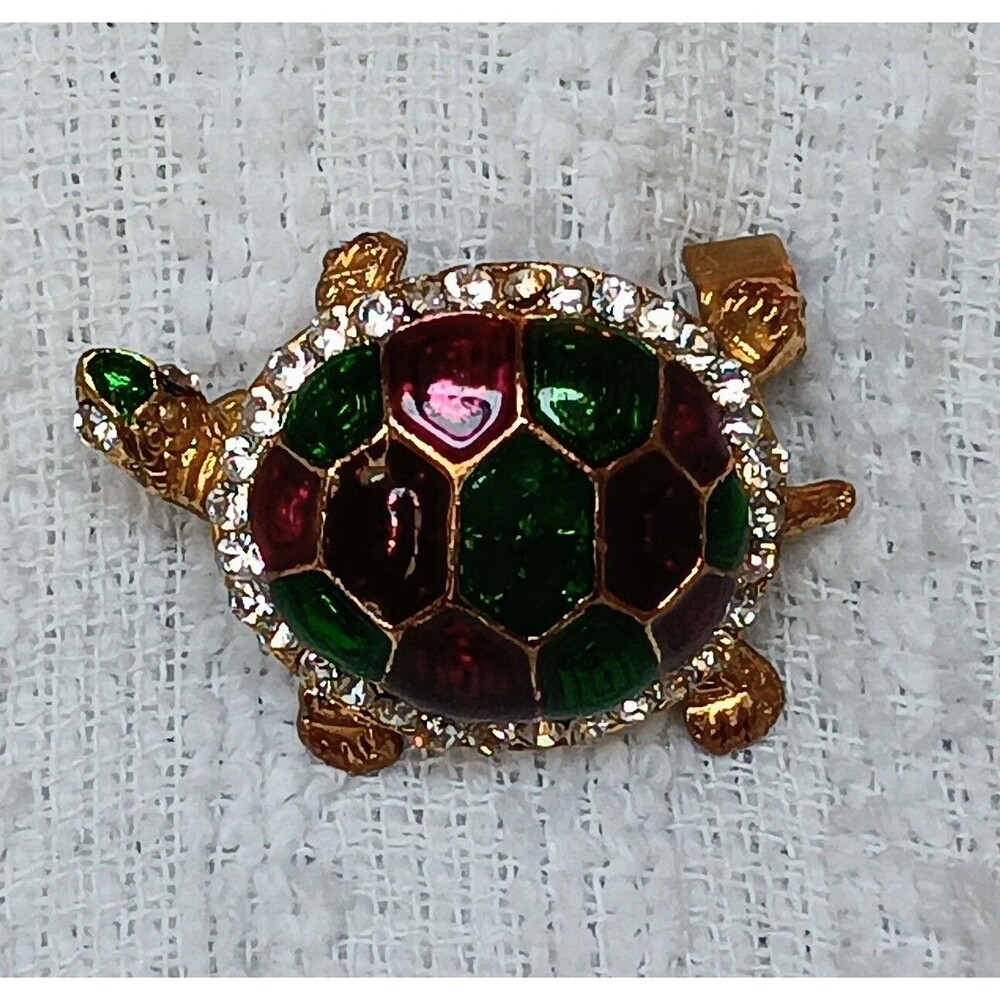 Vintage Purple and Green Enamel Rhinestone Turtle Scatter Brooch Pin 1.25 in